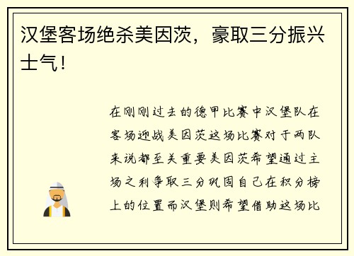 汉堡客场绝杀美因茨，豪取三分振兴士气！